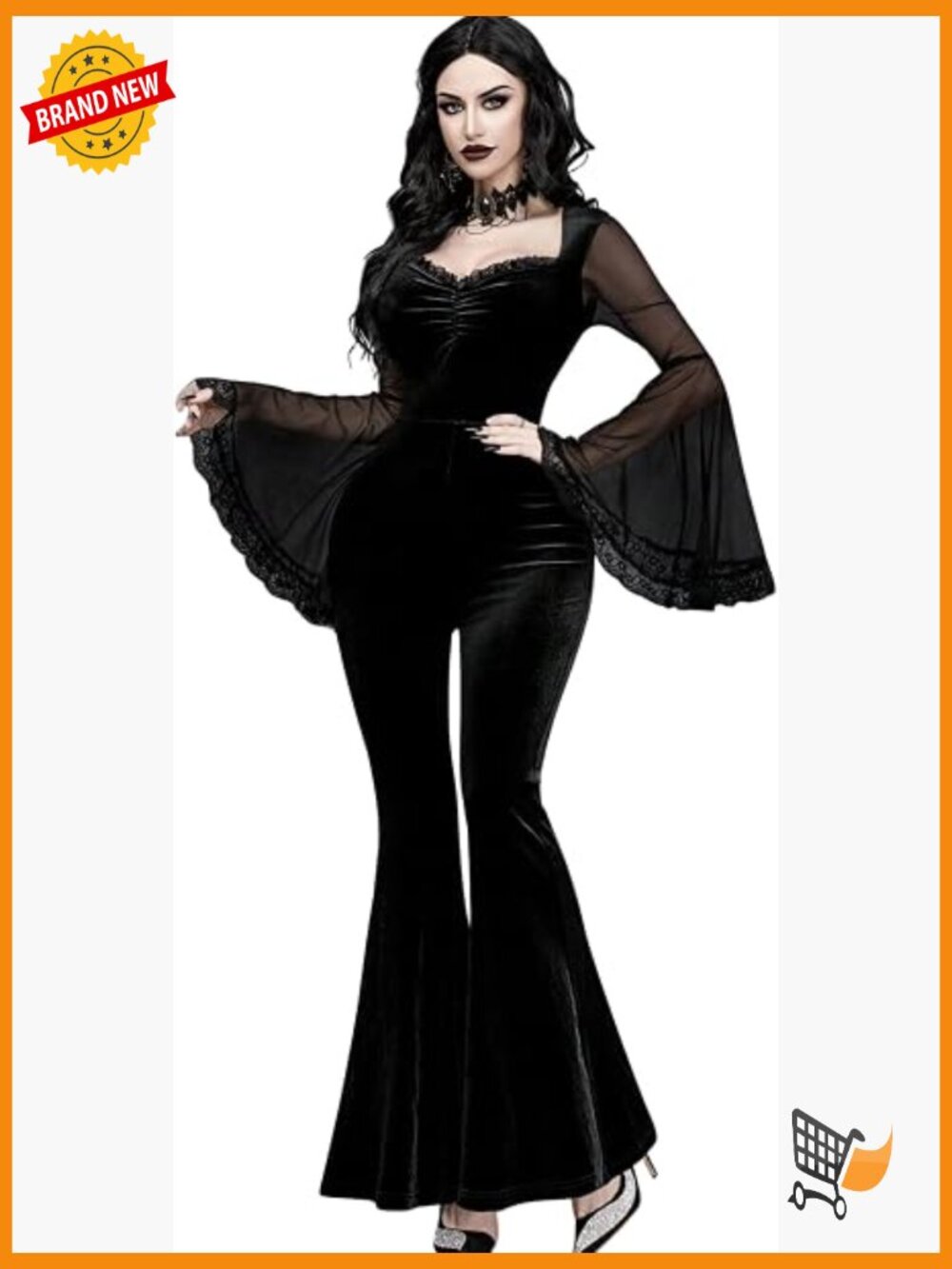 Gothic Sexy Jumpsuit Retro Witch Sleeve Mesh Lace Velvet High Waisted Jumpsuit